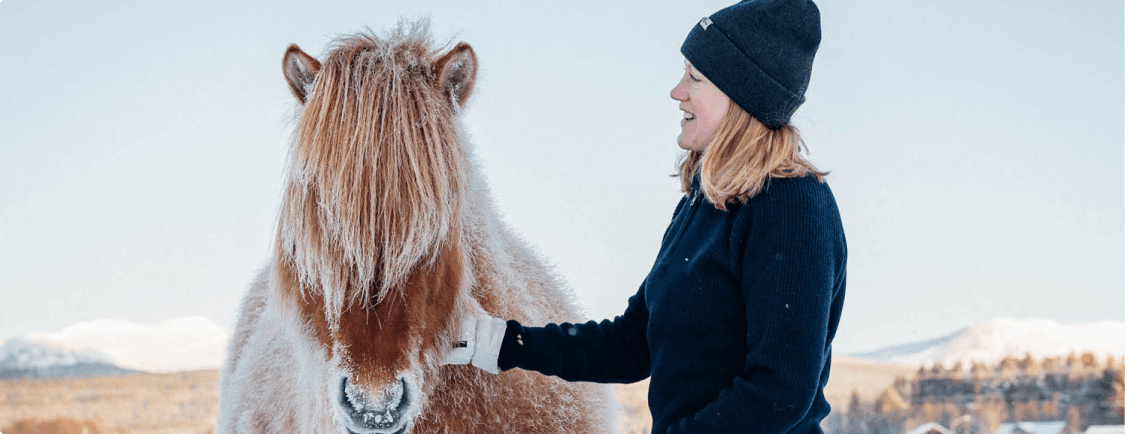 islandshäst och kvinna i vintermiljö