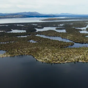 Flygbild över Rogenområdet med sjöar, skog, och fjäll i horisonten.