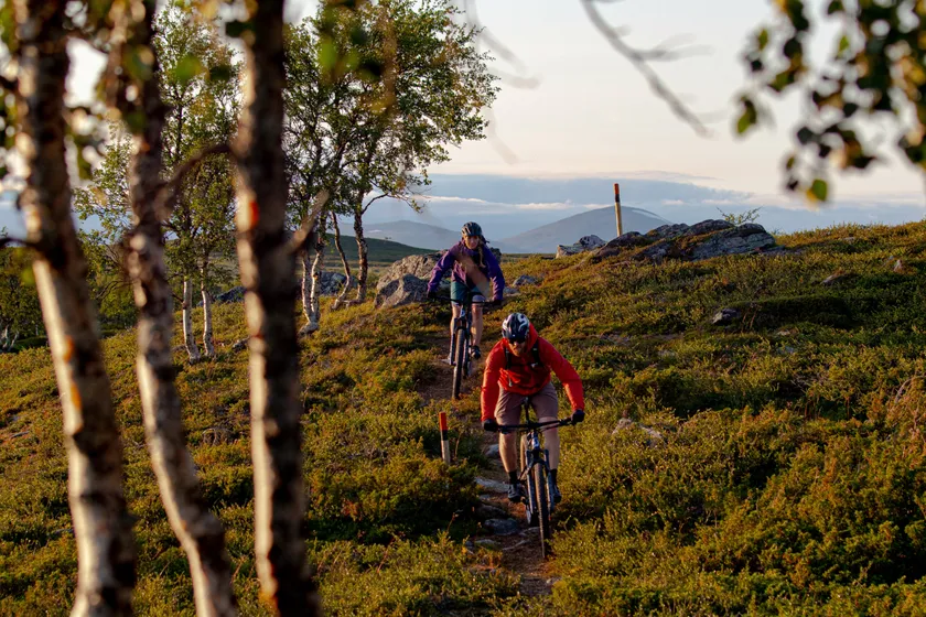 Två personer cyklar på ett fjäll i Funäsfjällen