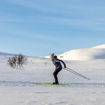 Två skidåkare som åker skate-skidor på fjället.